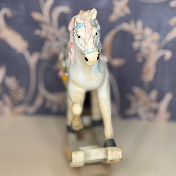 Vintage Estate Resin Rocking Horse Figurine with Floral Accents - Picture 2 of 8
